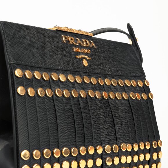 Prada Nero Saffiano Leather Studded Fringe Frame Shoulder Bag - Picture 9 of 14